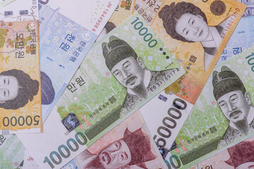 Korean paper money, won, and cash banknotes for financial transactions. Korean money