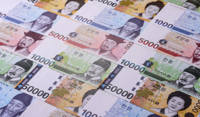 Korean paper money, won, and cash banknotes for financial transactions. Korean money