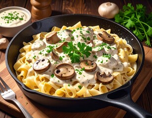 Spätzlepfanne mit Rahmsoße und Pilzen