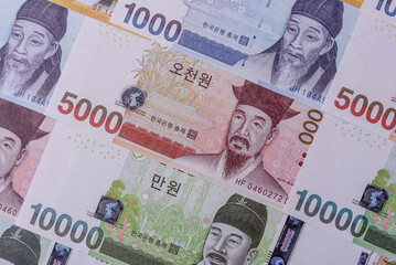 Korean paper money, won, and cash banknotes for financial transactions. Korean money