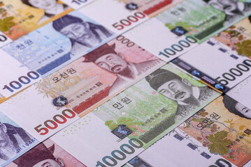 Korean paper money, won, and cash banknotes for financial transactions. Korean money