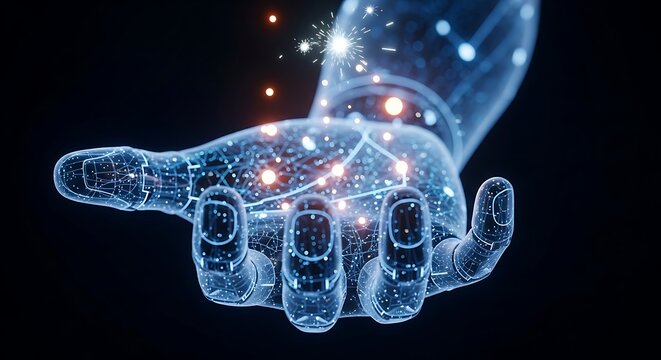 Closeup of a translucent robotic hand emitting glowing particles and network connections, representing digital creation and data flow
