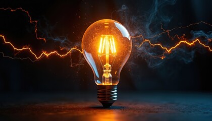 Lightbulb glows against dark scene with orange electric sparks around. Power of creativity, invention, solution finding. Represents bright idea, business innovation, scientific breakthrough, progress