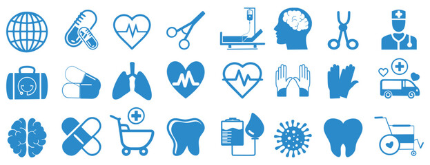 Obraz premium Medical icon set. Healthcare icon set. Containing treatment, prevention, medical, health, diagnosis, report, illness, injury, medicine, hospital, treatment, healthcare, nurse. vector illustration