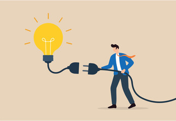Flat illustration of businessman connecting power cable to glowing lightbulb new idea creativity innovation energy success invention and problem solving