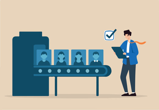 Flat illustration of human resource manager reviewing candidate profile files on conveyor belt during automated recruitment process and checklist screening for hiring selection	