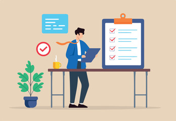 Fototapeta premium Flat illustration of man office worker organize business checklist on desk 