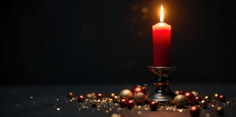 Elegant Table Setting A single, unscented red taper candle in a vintage brass candlestick with delicate Christmas ornaments scattered around. High angle, realistic photo of a single, unscented deep