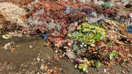 Pile of vegetable waste with discarded leaves lying in market area highlighting pollution and poor waste management