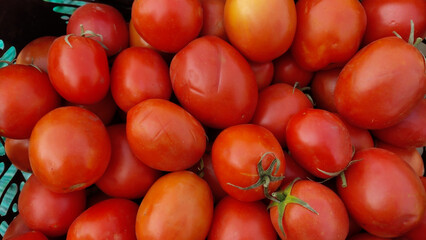 A closeup shot of a pile of ripe red roma tomatoes showcasing their smooth skin and oval shape perfect for culinary use and healthy eating