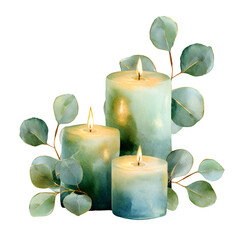 Eucalyptus and candle arrangement isolated on white background