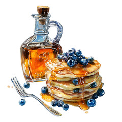 Pancakes with blueberries and maple syrup isolated on white background