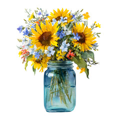 Watercolor sunflowers in mason jar isolated on white background