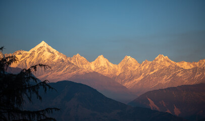 Magnificent view of the Panchachuli mountain range in Munsiyari, Uttarakhand, India, during...