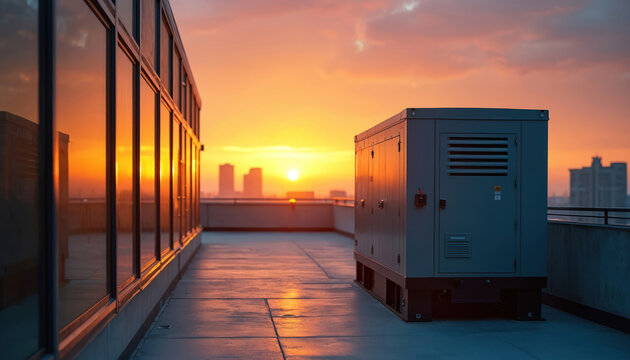 Backup generator on rooftop at sunset. Auxiliary power supply. Energy efficiency. Industrial equipment for uninterrupted electricity. Electrical system. Cityscape during sunset time. Urban buildings