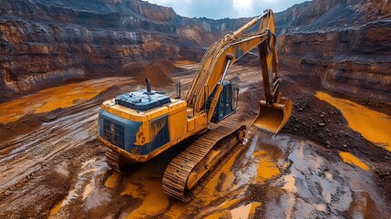 An excavator operates in a vast open pit mine, removing dirt and rocks. The landscape is marked by deep earth shifts and orange-brown water collects in the uneven terrain.