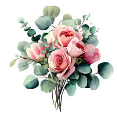 Watercolor roses and eucalyptus bouquet isolated on white background