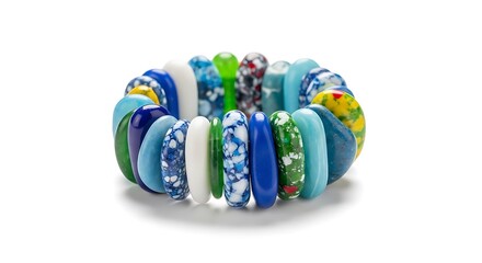 Colorful handmade glass bead bracelet with vibrant blue, green, and multicolored round beads isolated on white background.