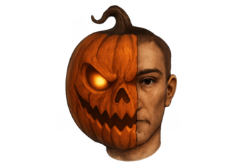 Man face merging with scary halloween pumpkin