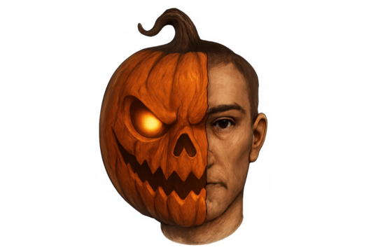 Man face merging with scary halloween pumpkin
