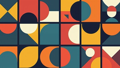 Abstract geometric pattern combines various squares, circles, triangles. Diverse shapes form vibrant, colorful, engaging mosaic. Red, blue, orange, yellow, cream hues create modern design for