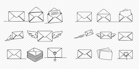 Collection of hand-drawn doodle mail and envelope icons depicting various communication concepts like sending, receiving, and love messages.
