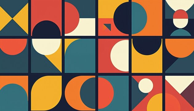 Abstract geometric pattern combines various squares, circles, triangles. Diverse shapes form vibrant, colorful, engaging mosaic. Red, blue, orange, yellow, cream hues create modern design for