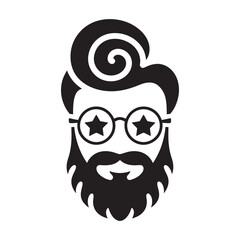 Hipster Vector Portrait with Star Eyeglasses and Swirled Hairstyle Graphic, logo, vector illustration 