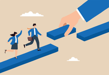 Business team constructing bridge over gap labeled Innovation concept change adapting and collaborative to achieve success