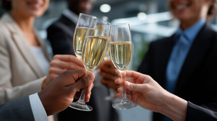 Defocused group in formal attire with sharp detailed champagne glasses meeting in celebratory toast, with copy space