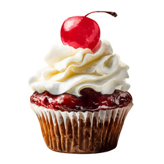 Cherry topped cupcake on black isolated on white background