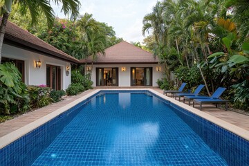 Fototapeta premium Serene Blue Swimming Pool Surrounded by Lush Tropical Vegetation
