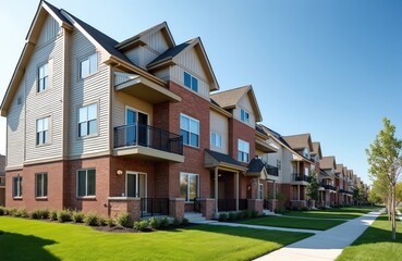 Modern residential townhouses line quiet suburban street. Multifamily apartment buildings feature brick exteriors, balconies, green lawns. New housing complex real estate property investment for sale