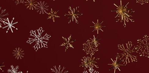 Stunning golden and silver snowflakes on a rich red background. Perfect for festive designs, Christmas cards, and holiday celebrations. Luxuriou