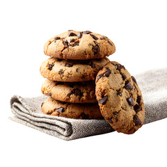 Chocolate chip cookies on linen isolated on white background