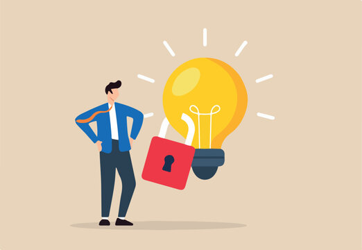 Flat illustration of businessman stand beside locked bright lightbulb symbolizing intellectual property protection