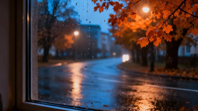 Rainy autumn evening view through window with illuminated street  