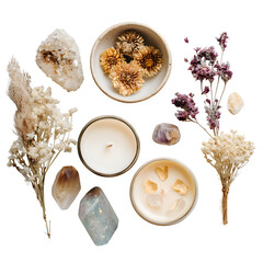 Mystical arrangement with crystals and dried flowers isolated on white background