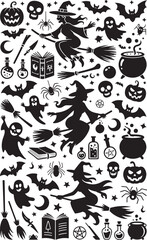 halloween spooky silhouette vector set, witch flying bat ghost skull seamless pattern, black halloween magic elements clip art, creepy holiday decoration design assets