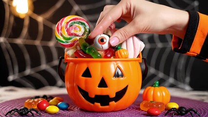 Hand reaching for spooky eyeball candy in festive Halloween pumpkin bucket filled with treats. - Powered by Adobe