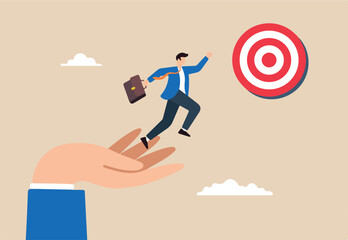 Flat illustration of businessman jump from giant hand to progress toward target symbolizing business mentorship	