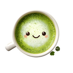Matcha latte with a smiling face isolated on white background