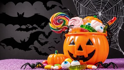 Spooky Halloween pumpkin bucket overflowing with colorful candies and treats, perfect for trick-or-treating fun.