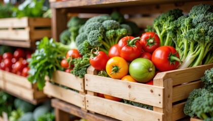 Fresh produce market display with wooden crates filled with colorful vegetables. Fresh produce selection includes vibrant bell peppers, broccoli, and tomatoes, arranged attractively.