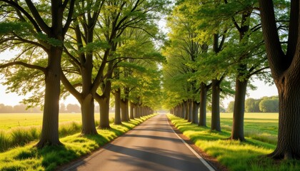 Fototapeta premium Road with trees creates an inviting avenue, as road with trees shows nature's beauty. This road with trees symbolizes possibility, adventures, and travel plans. Use it as scenery for nature lovers,