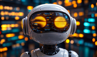 Fototapeta premium Close-up of futuristic robot head with digital code reflection in eyes on blurred technology background, artificial intelligence concept