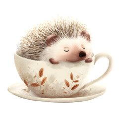 Hedgehog in teacup isolated on white background