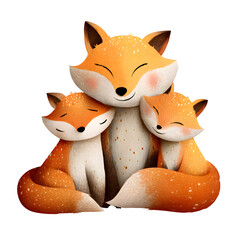 Fox Family Embrace isolated on white background