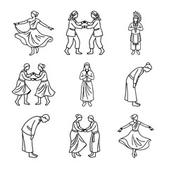 Silhouettes of people performing traditional cultural dances and greetings — folk art and ethnic celebration vector illustration