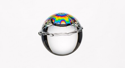 Water droplet with pearl iridescent coating - Transparent sphere showing surface tension physics - Rainbow oil effect macro photography on white background